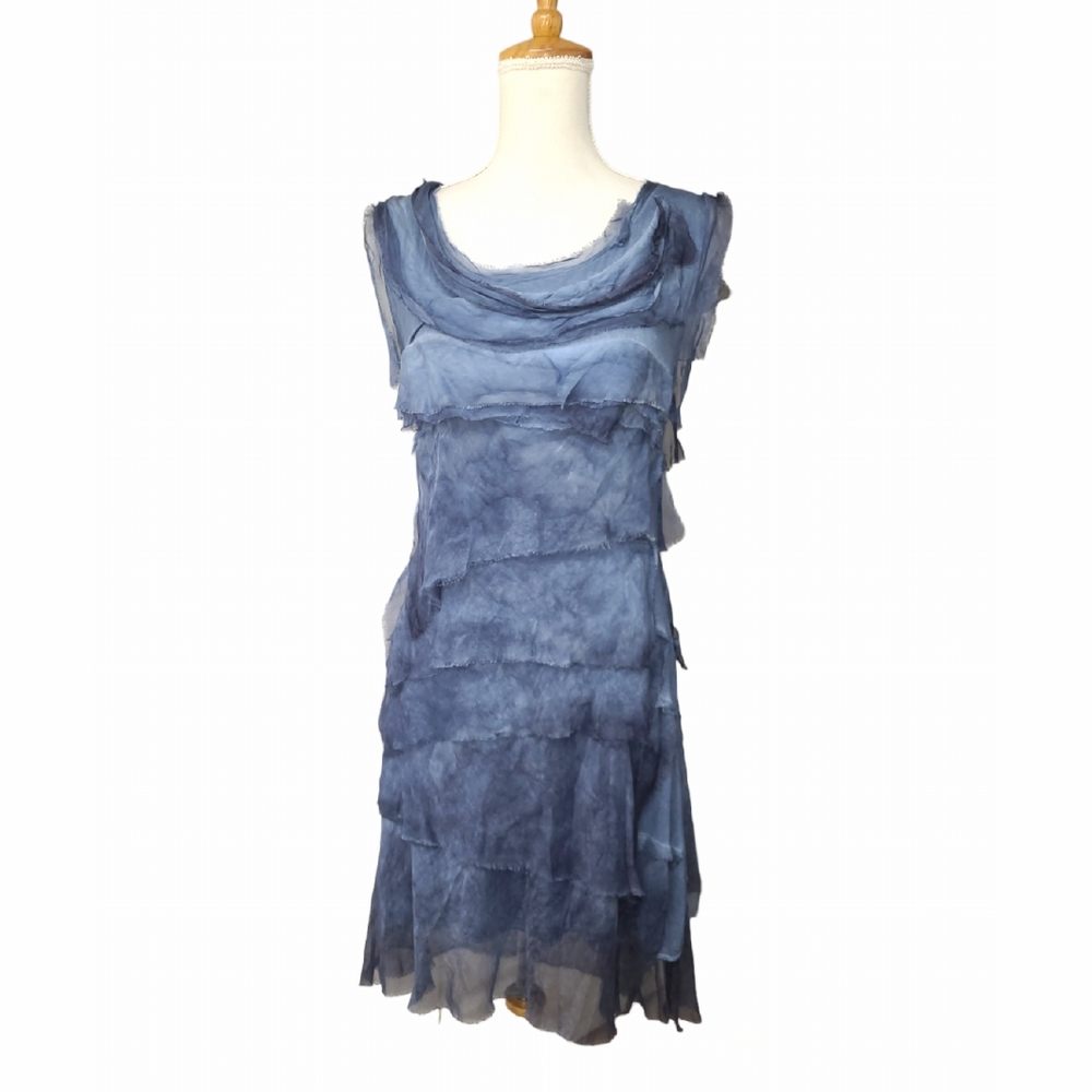 ITALIAN ELISA SILK DRESS WOMESLNS ONE SIZE 17IN PTP BLUE TIERED LAYED LINED KNEE - Picture 3 of 15